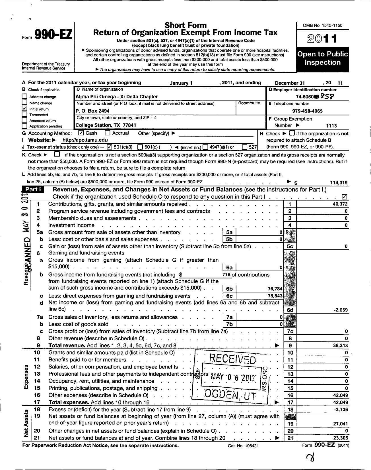 Image of first page of 2011 Form 990EZ for Alpha Phi Omega / Xi Delta Chapter