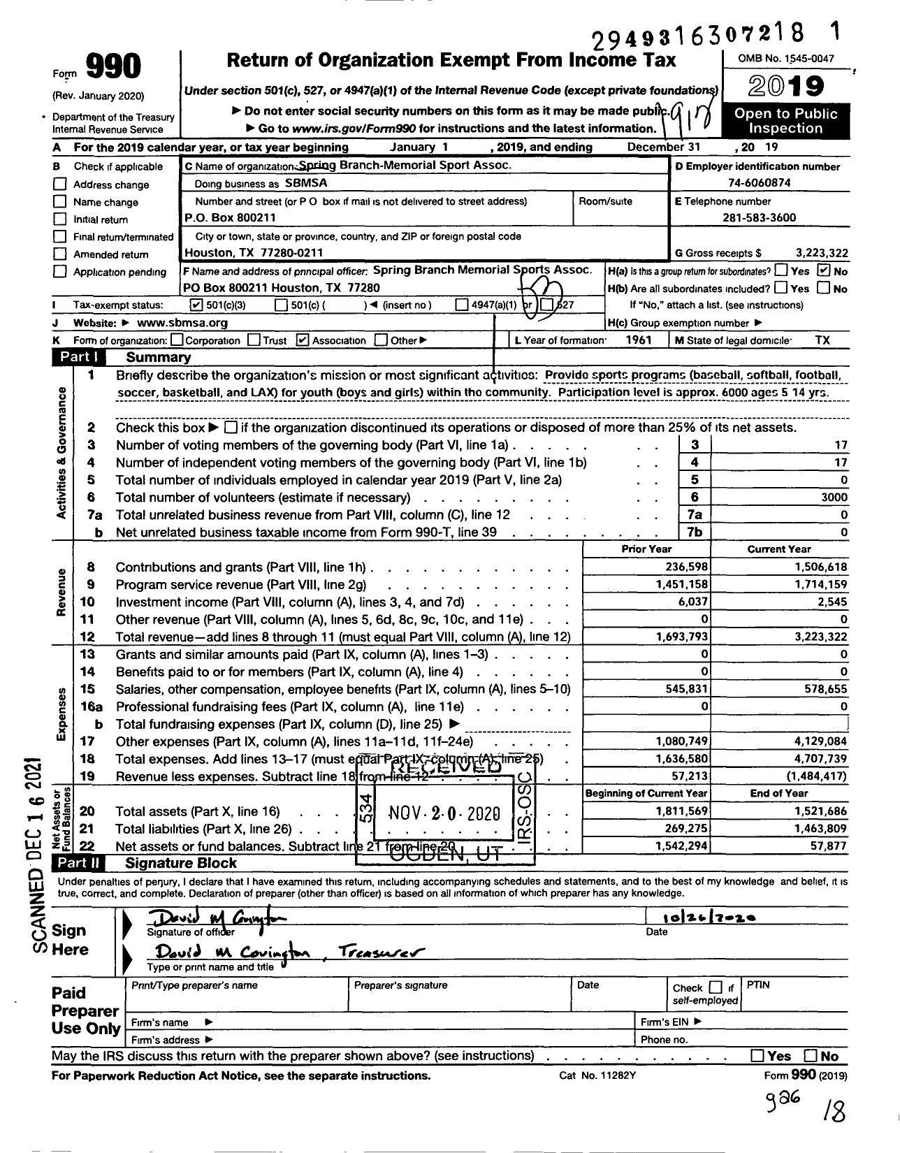 Image of first page of 2019 Form 990 for Spring Branch Memorial Sports Association (SBMSA)