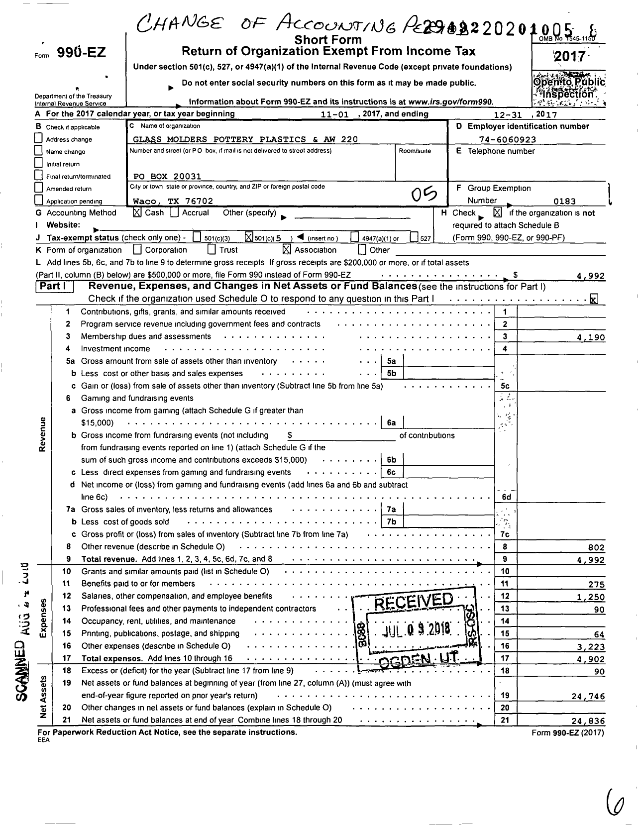 Image of first page of 2017 Form 990EO for United Steelworkers