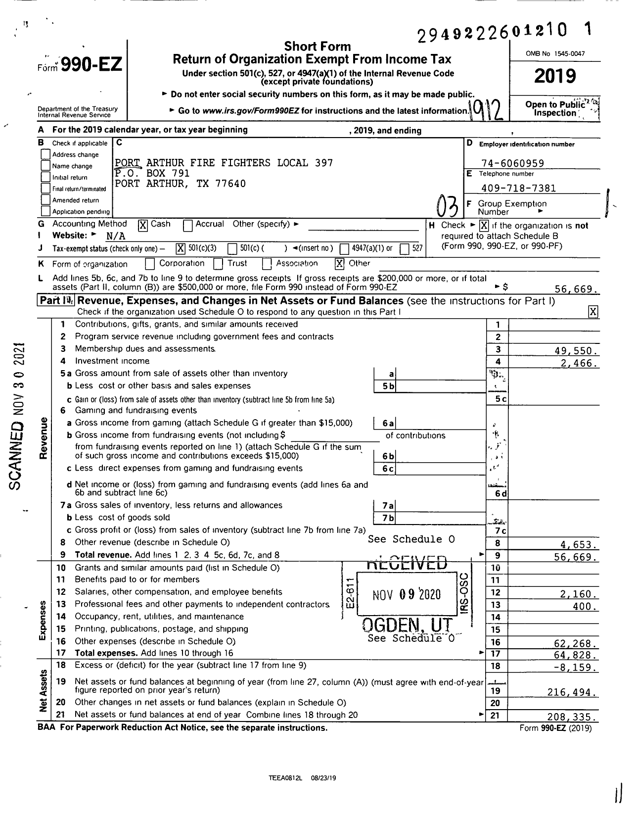 Image of first page of 2019 Form 990EZ for International Association of Fire Fighters - 0397l Port Arthur