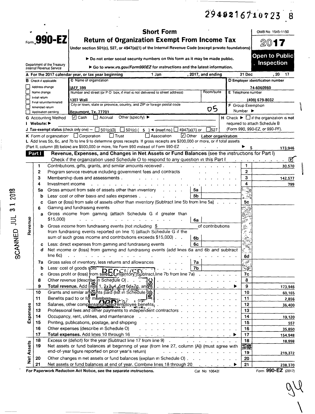 Image of first page of 2017 Form 990EO for International Association of Fire Fighters - 0399l Beaumont