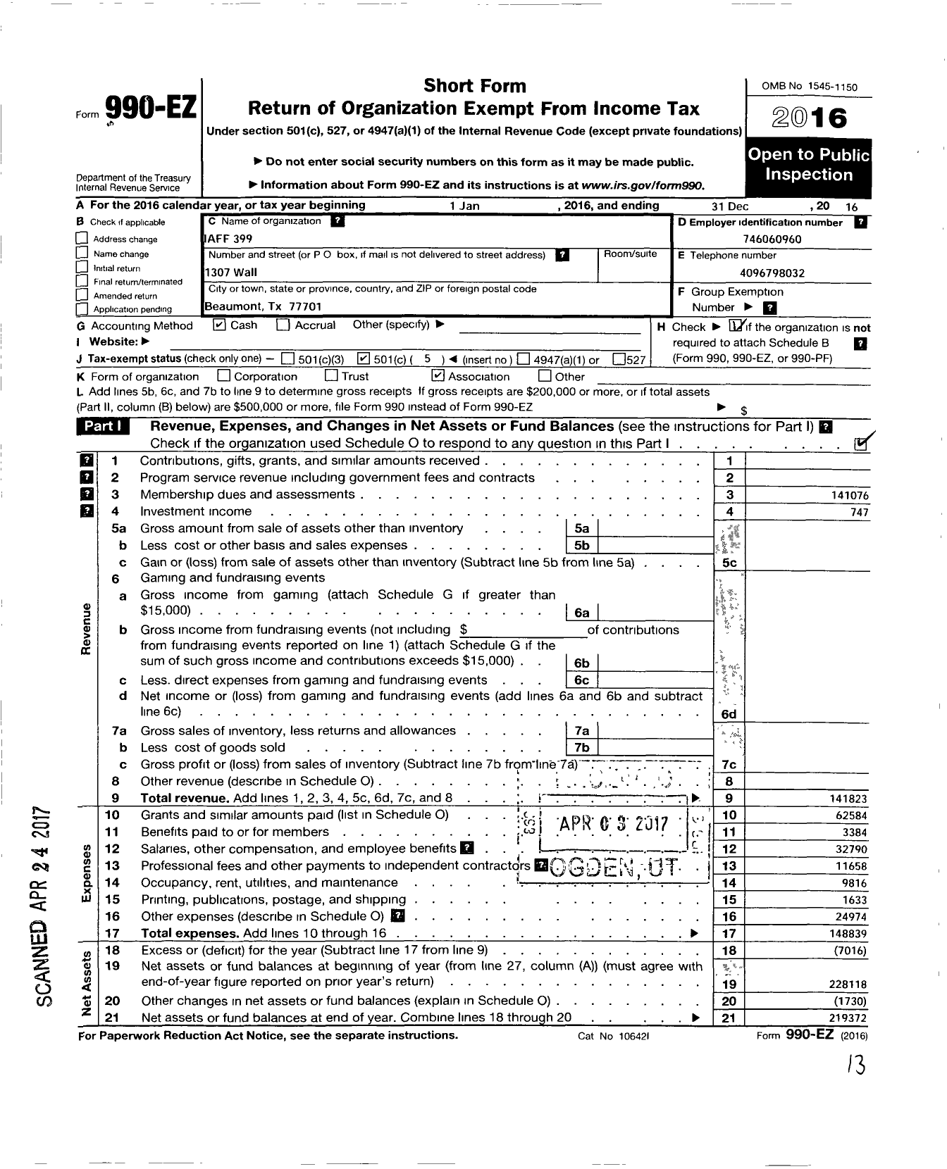 Image of first page of 2016 Form 990EO for International Association of Fire Fighters - 0399l Beaumont