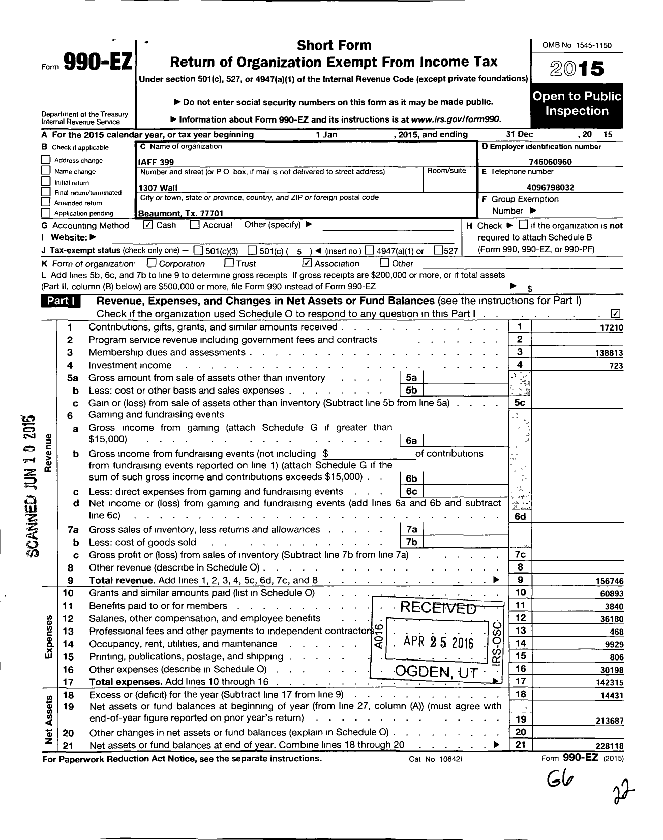 Image of first page of 2015 Form 990EO for International Association of Fire Fighters - 0399l Beaumont