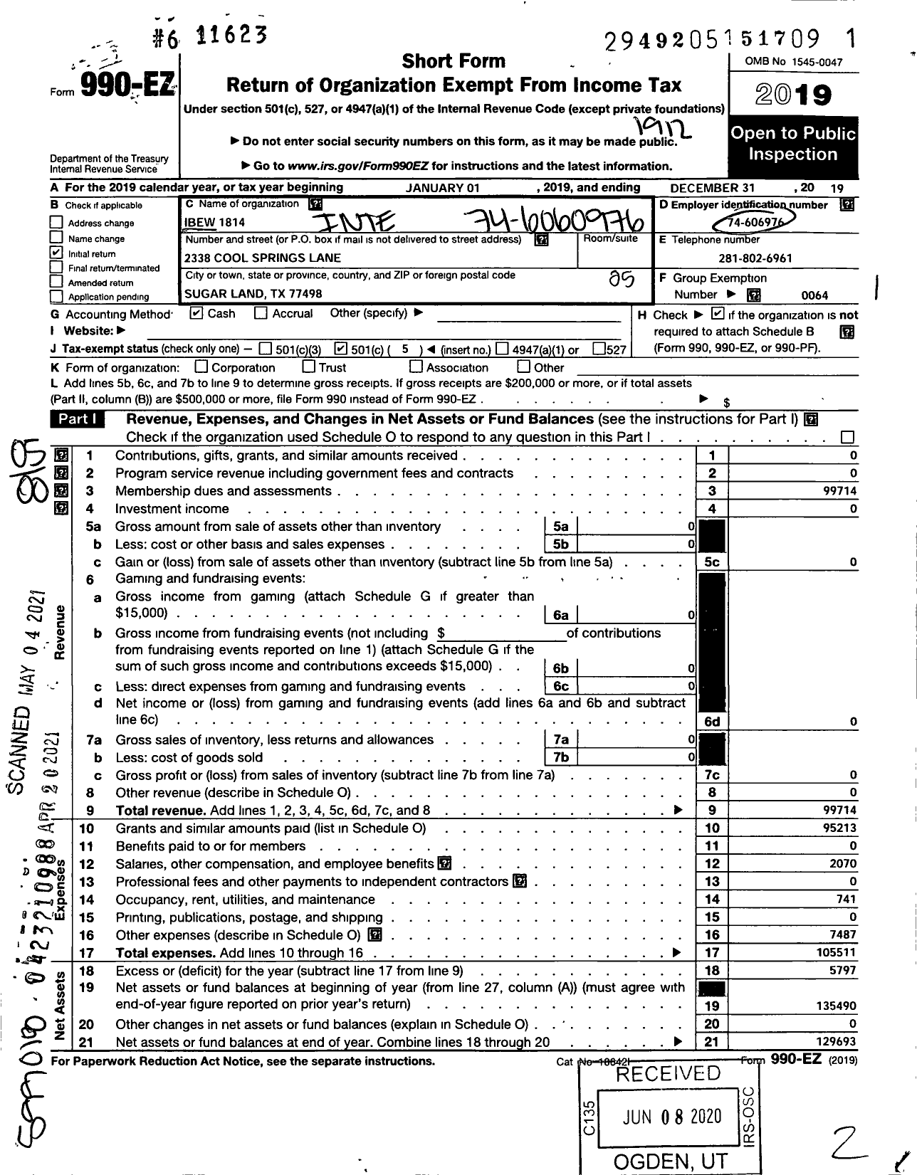 Image of first page of 2019 Form 990EO for International Brotherhood of Electrical Workers - 1814 Local Union