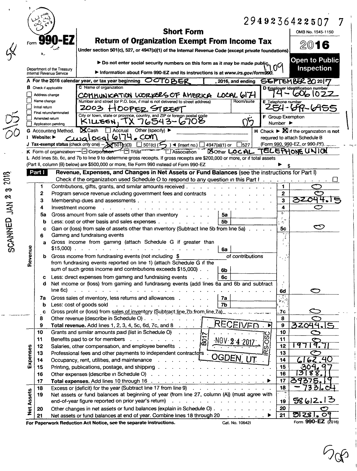 Image of first page of 2016 Form 990EO for Communications Workers of America - 6174 Local