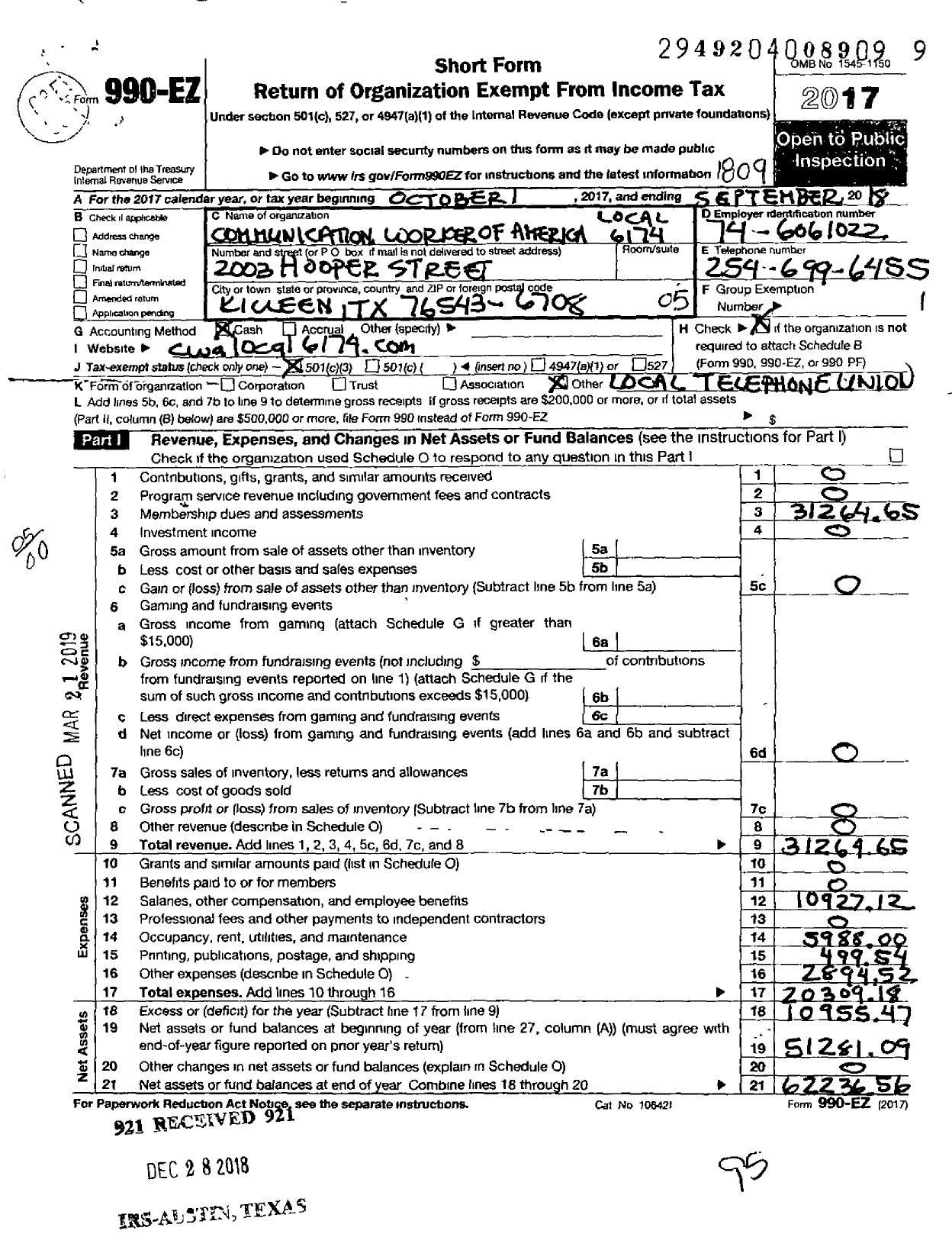 Image of first page of 2017 Form 990EO for Communications Workers of America - 6174 Local