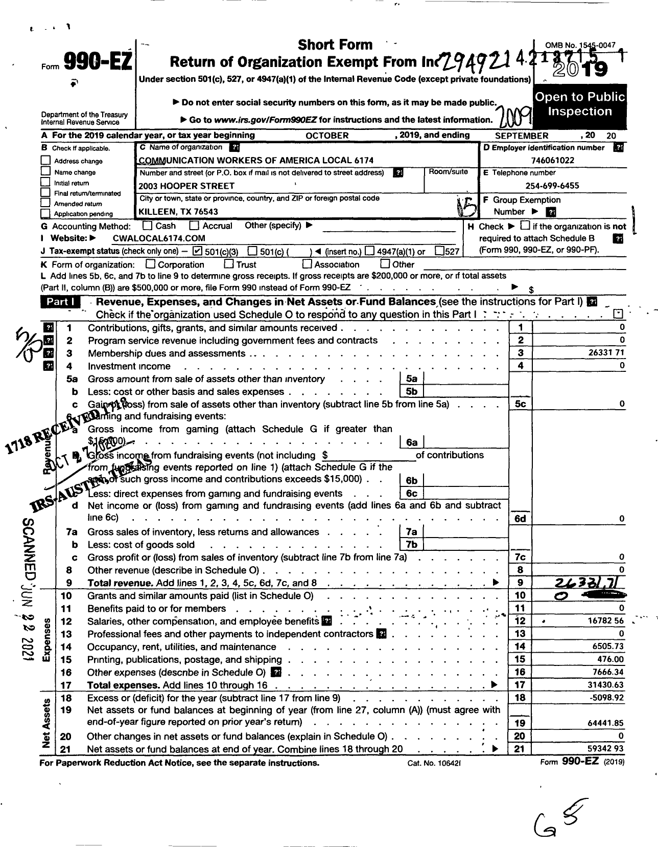 Image of first page of 2019 Form 990EO for Communications Workers of America - 6174 Local