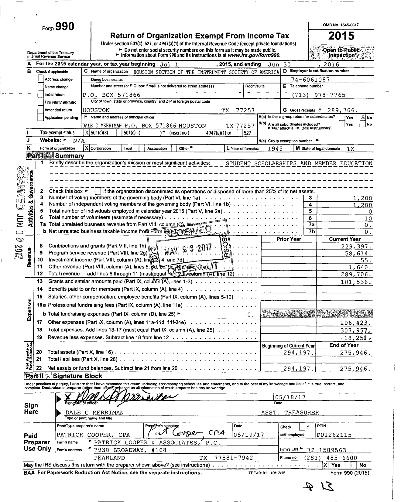 Image of first page of 2015 Form 990 for International Society of Automation - Houston Section