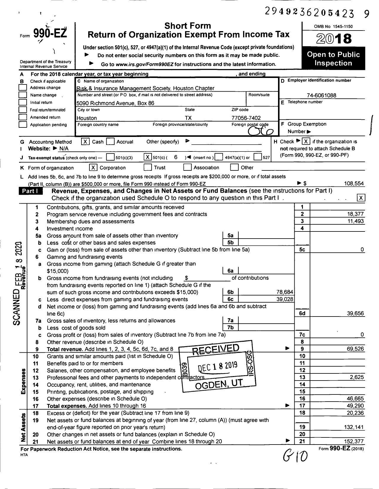 Image of first page of 2018 Form 990EO for Risk & Insurance Management Society Houston Chapter