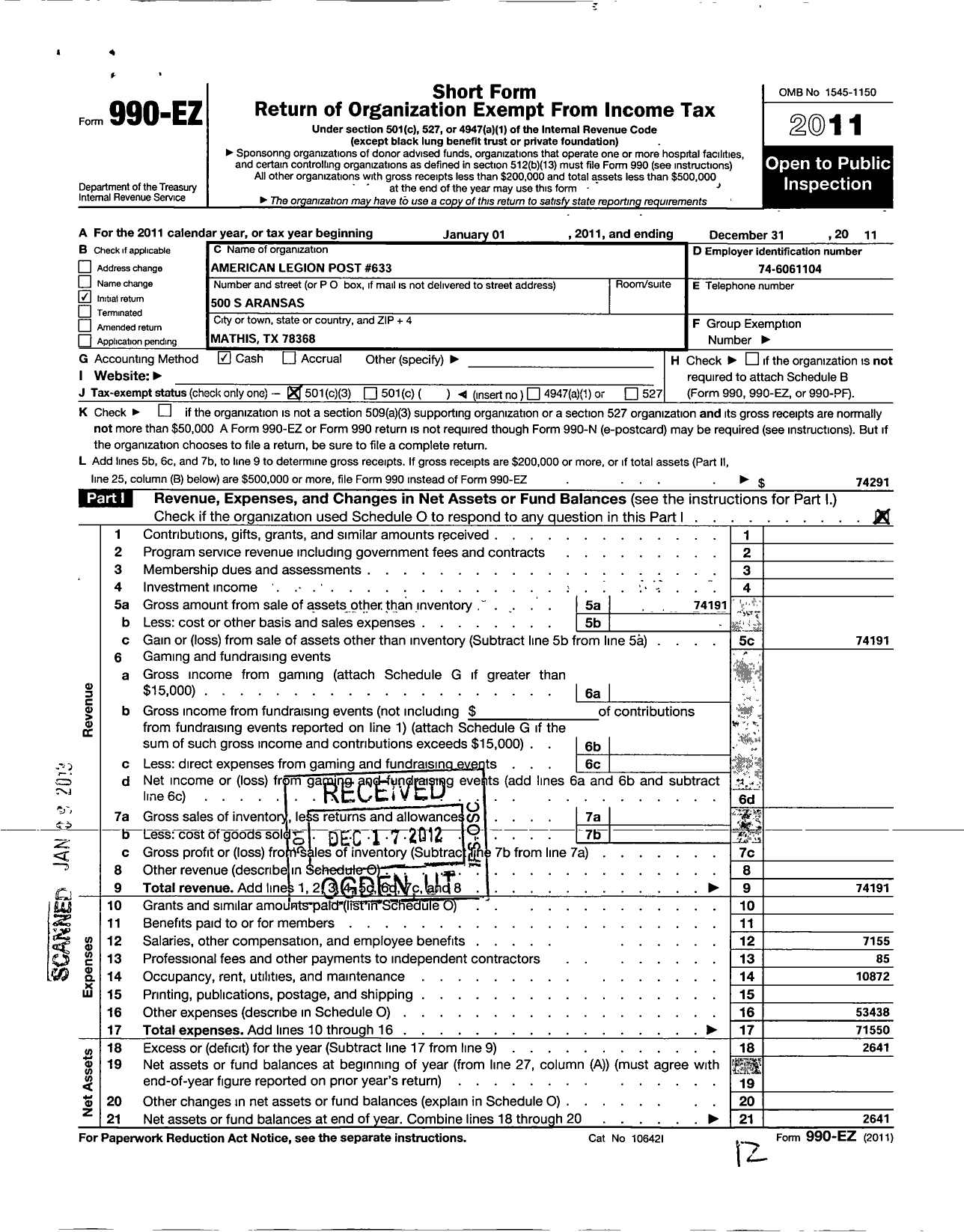 Image of first page of 2011 Form 990EZ for American Legion Post 633