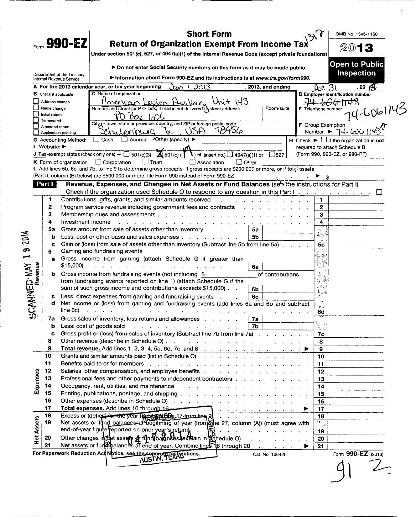 Image of first page of 2013 Form 990EO for American Legion Auxiliary - 143 Mcbride