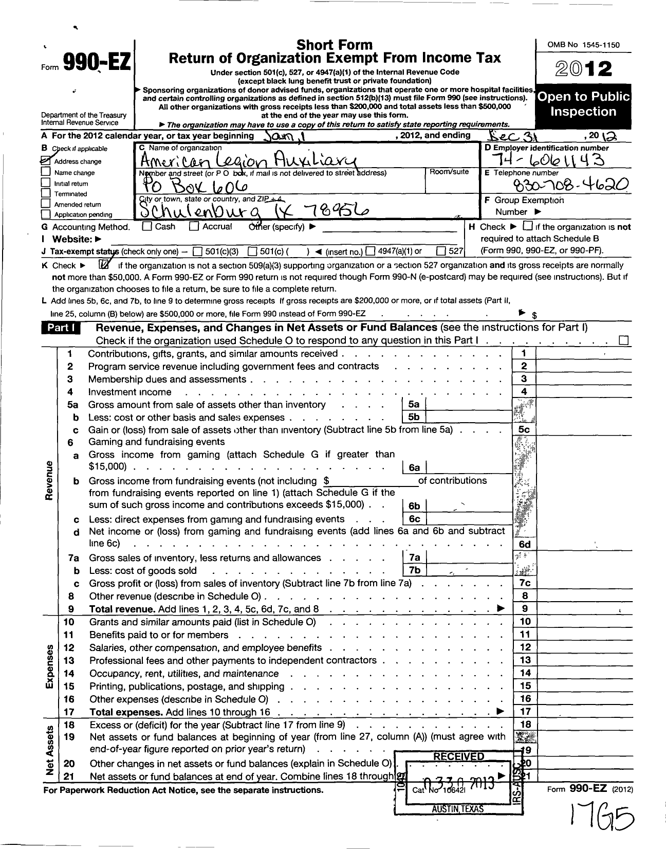 Image of first page of 2012 Form 990EO for American Legion Auxiliary - 143 Mcbride