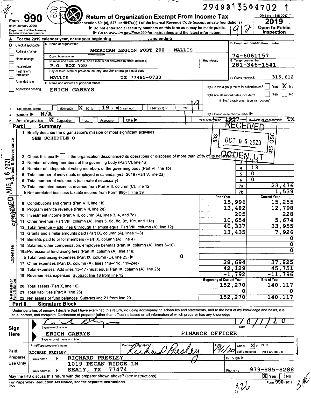Image of first page of 2019 Form 990O for American Legion - 0200 Wallis Post