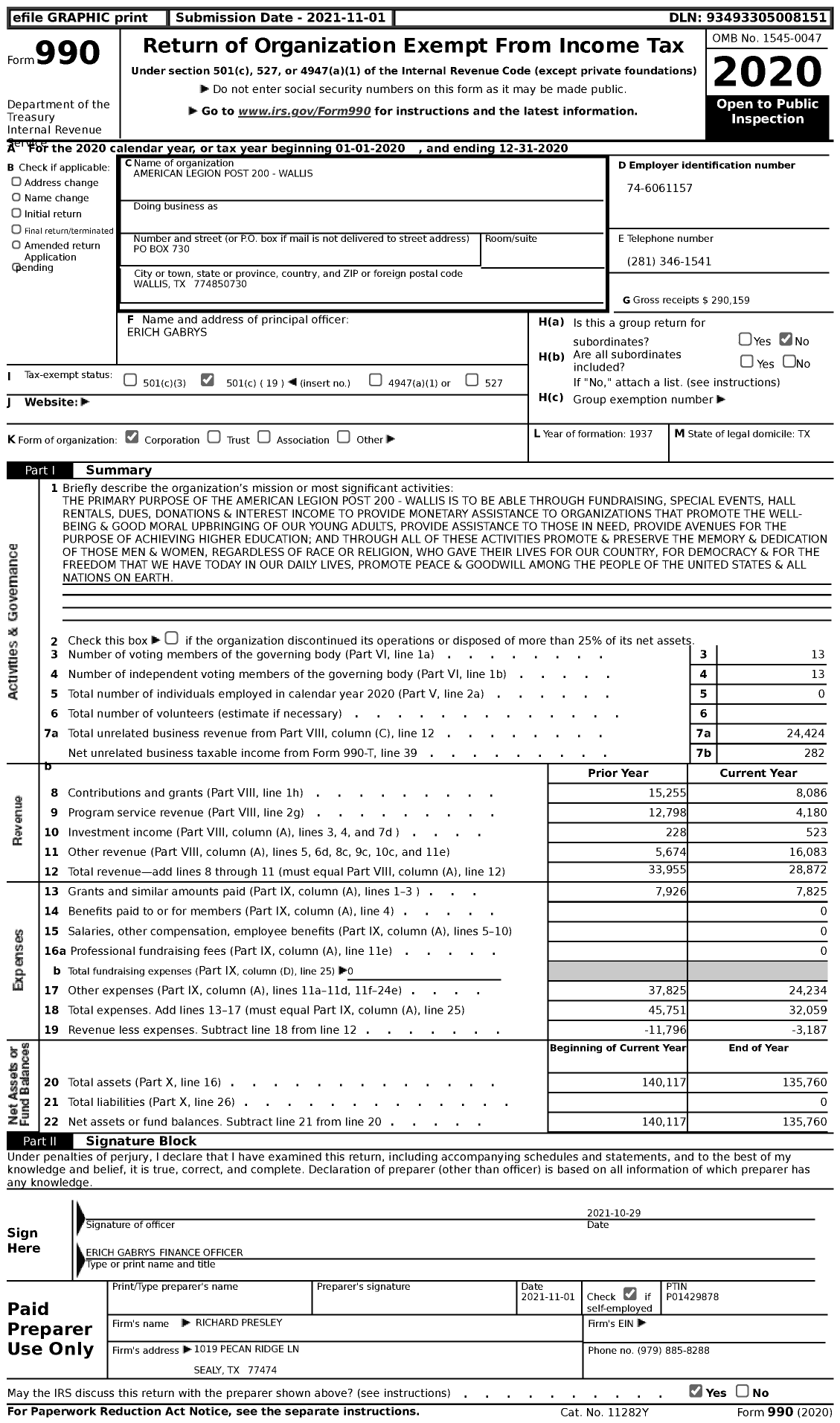 Image of first page of 2020 Form 990 for American Legion - 0200 Wallis Post