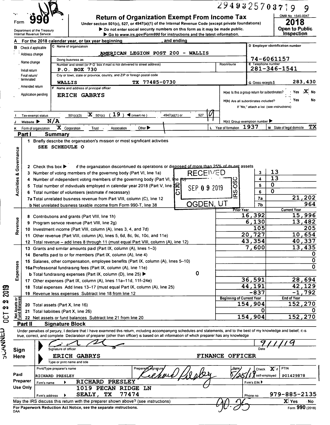 Image of first page of 2018 Form 990O for American Legion - 0200 Wallis Post