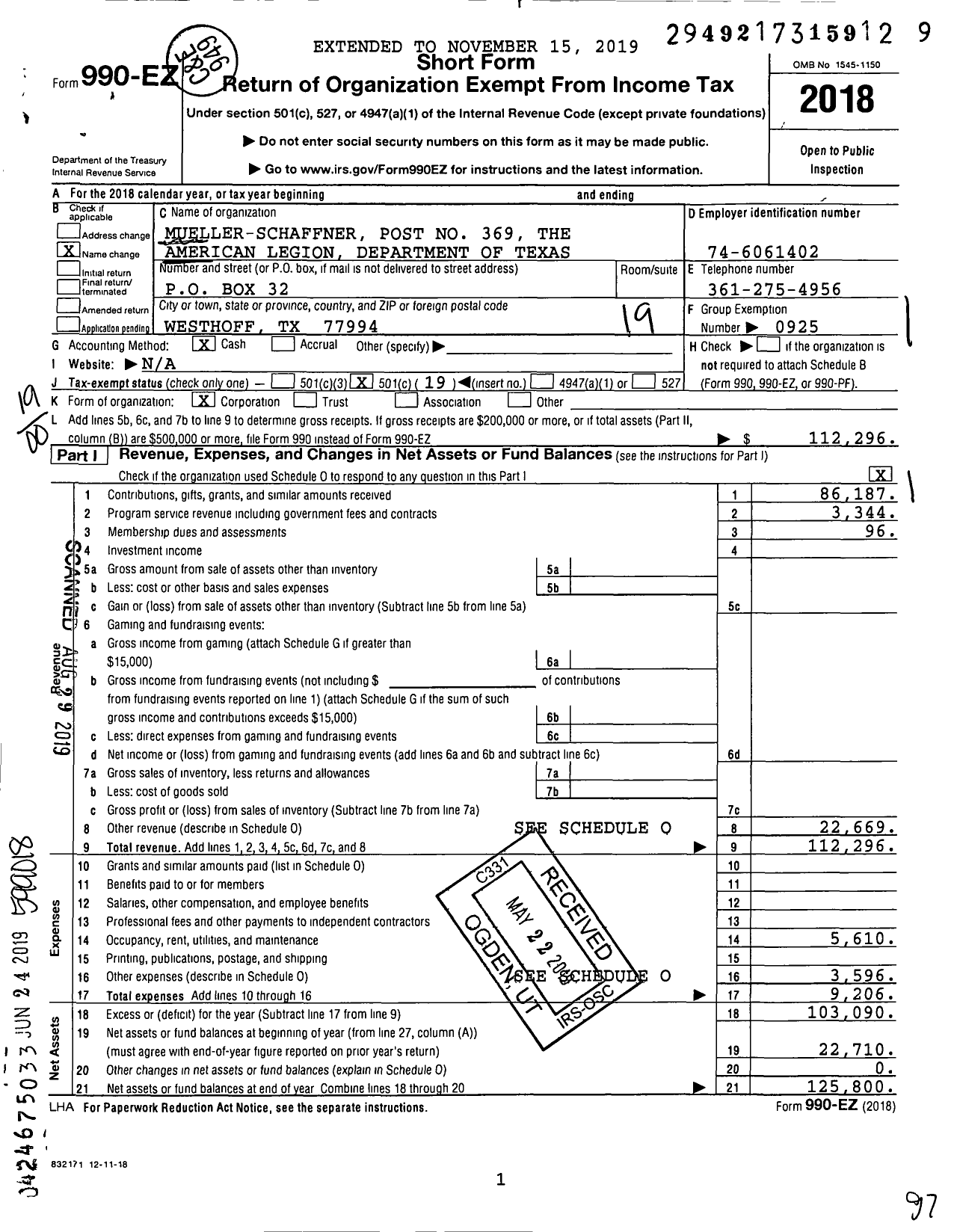 Image of first page of 2018 Form 990EO for American Legion - 0369 Mueller Schaffner