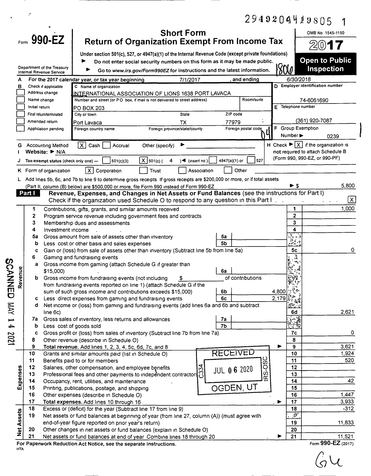 Image of first page of 2017 Form 990EO for Lions Clubs - 1638 Port Lavaca