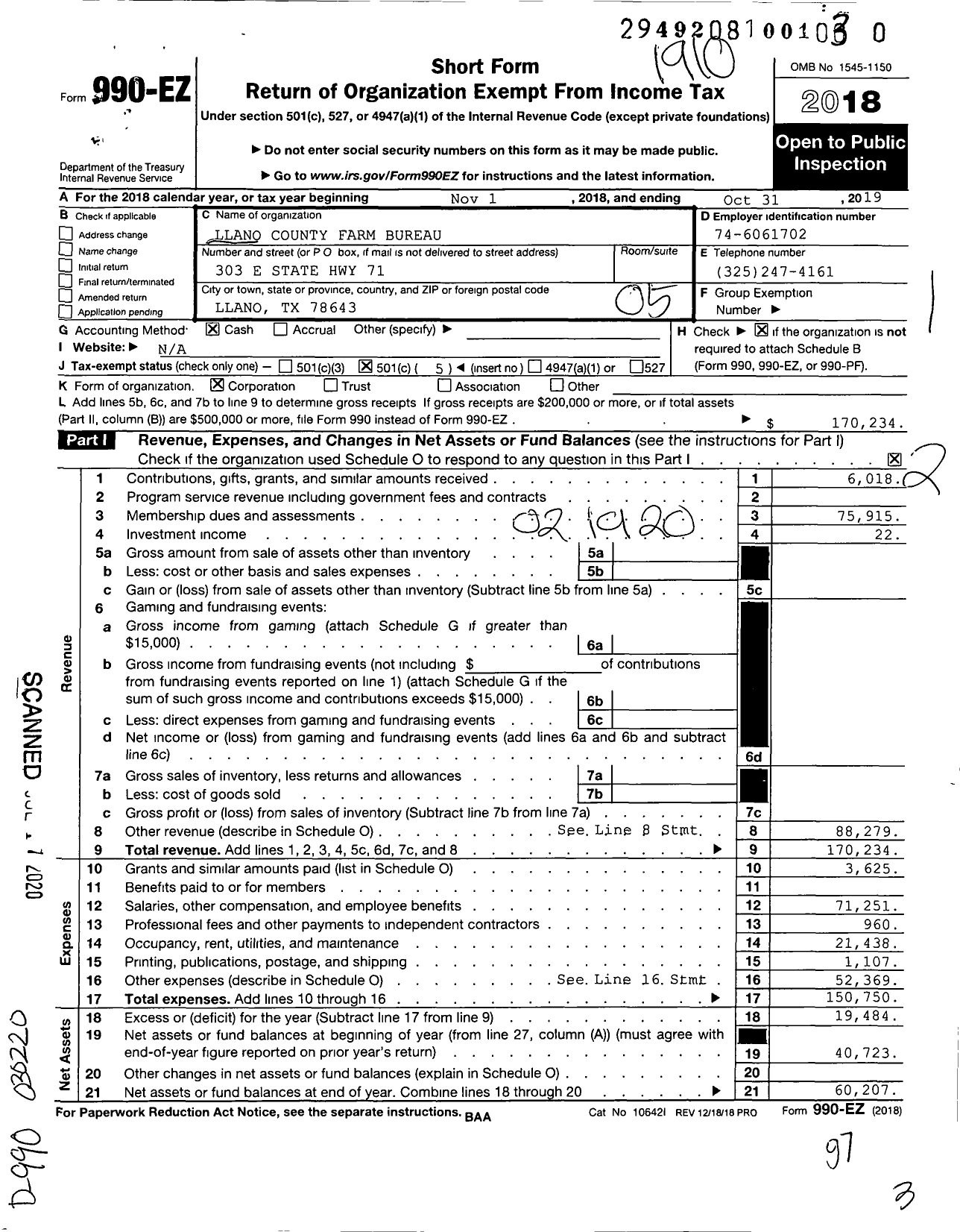 Image of first page of 2018 Form 990EO for Llano County Farm Bureau