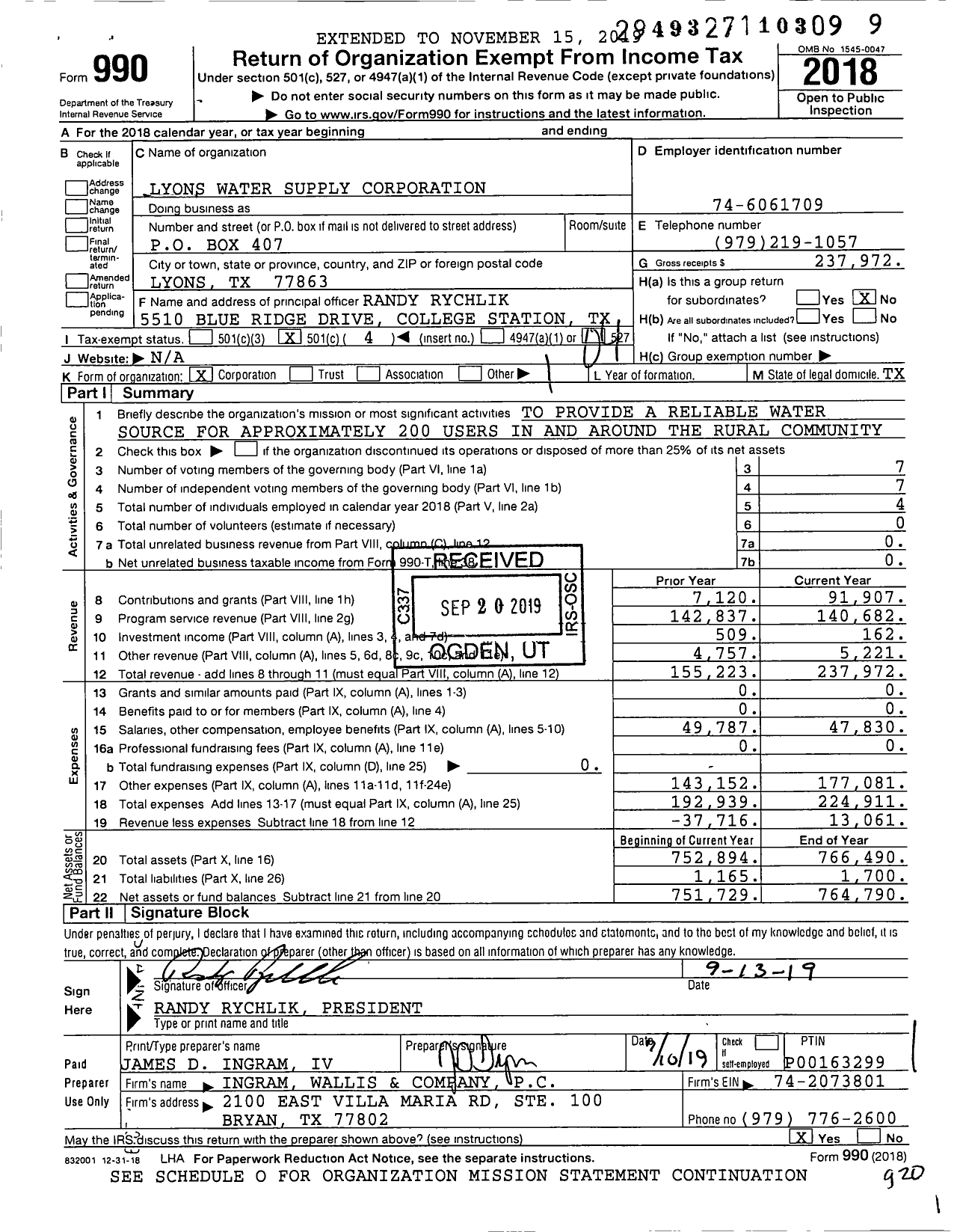 Image of first page of 2018 Form 990O for Lyons Water Supply Corporation