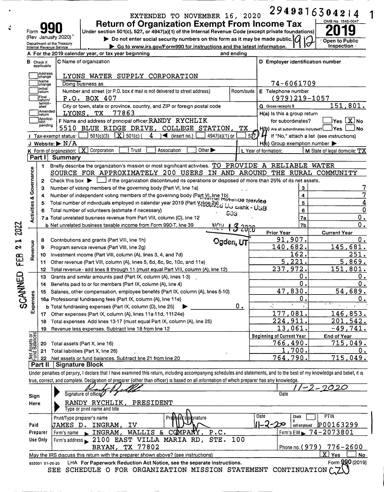 Image of first page of 2019 Form 990O for Lyons Water Supply Corporation