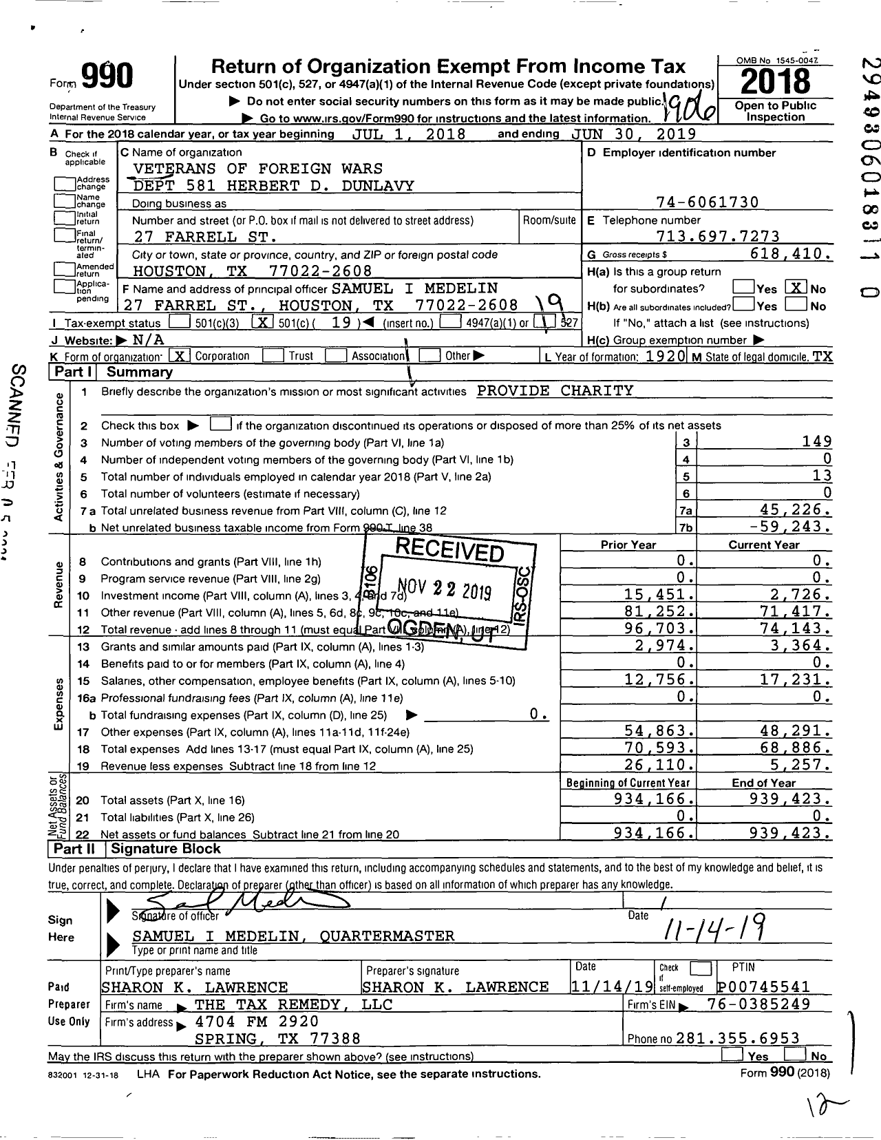 Image of first page of 2018 Form 990O for Texas VFW - 581 Herbert D Dunlavy