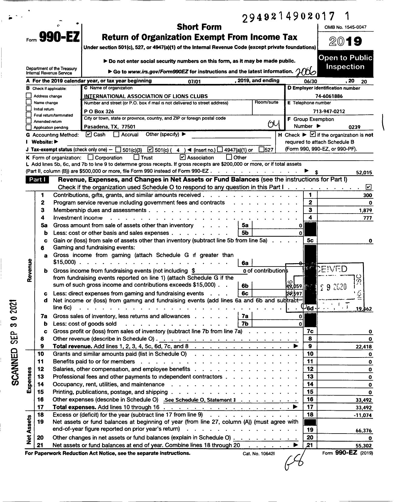 Image of first page of 2019 Form 990EO for Lions Clubs - 1496 Pasadena