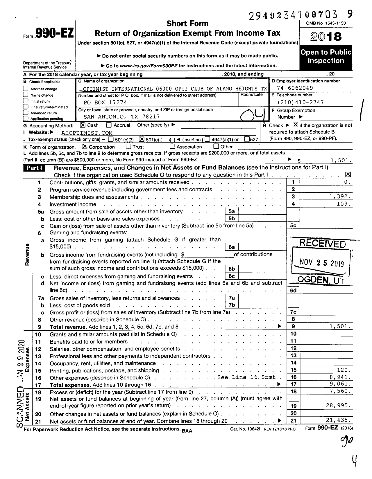 Image of first page of 2018 Form 990EO for Optimist International - 06000 Opti Club of Alamo Heights TX