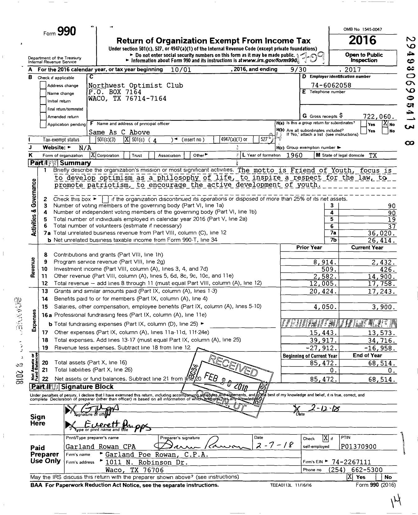 Image of first page of 2016 Form 990O for Optimist International - 06140 Opti Club of Waco-Northwest T