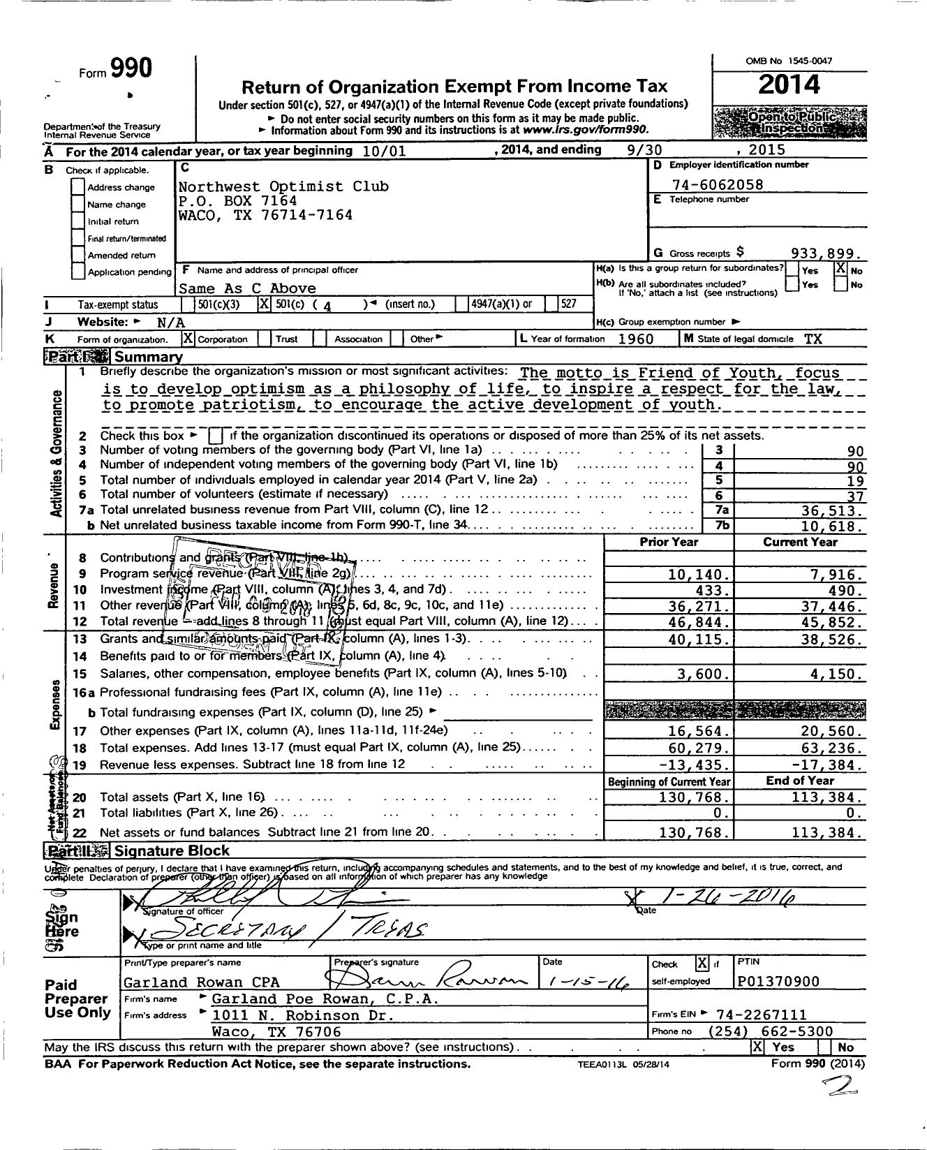 Image of first page of 2014 Form 990O for Optimist International - 06140 Opti Club of Waco-Northwest T