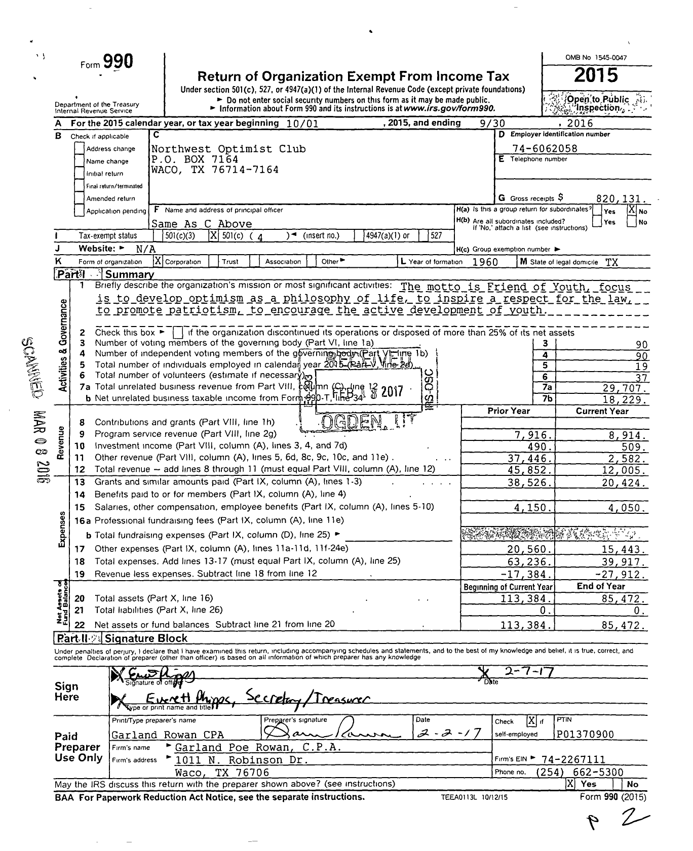 Image of first page of 2015 Form 990O for Optimist International - 06140 Opti Club of Waco-Northwest T