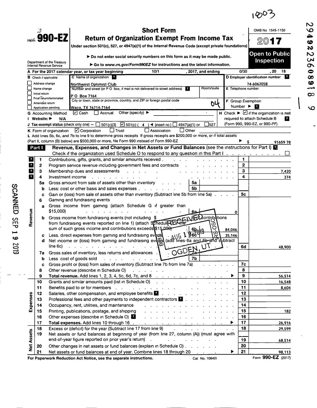 Image of first page of 2017 Form 990EO for Optimist International - 06140 Opti Club of Waco-Northwest T