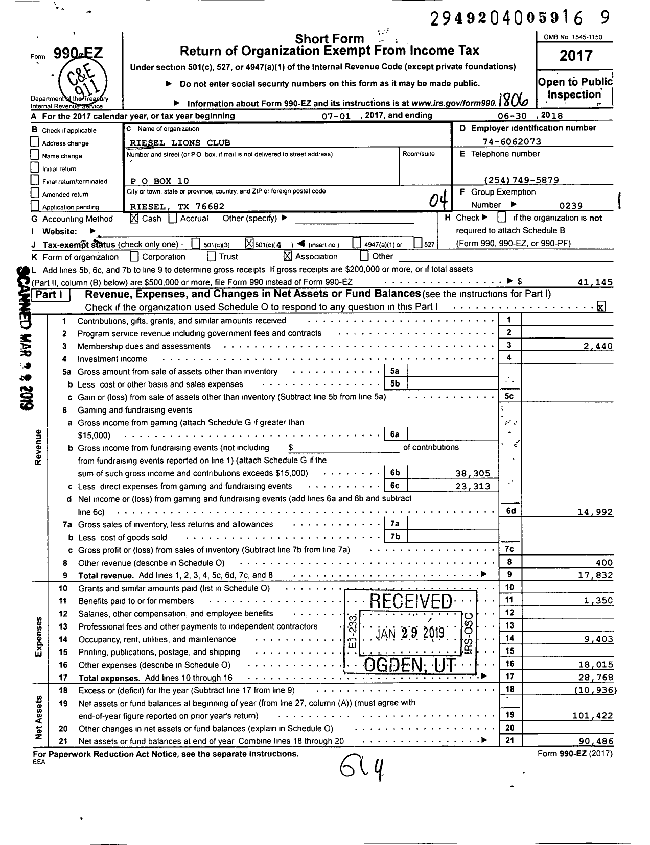 Image of first page of 2017 Form 990EO for Lions Clubs - 1135 Riesel