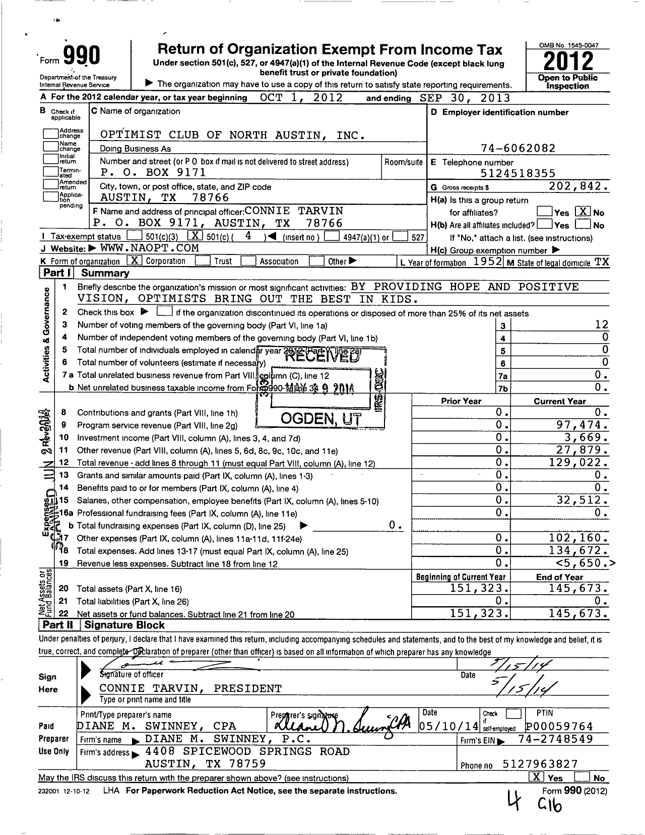 Image of first page of 2012 Form 990O for Optimist Club of North Austin