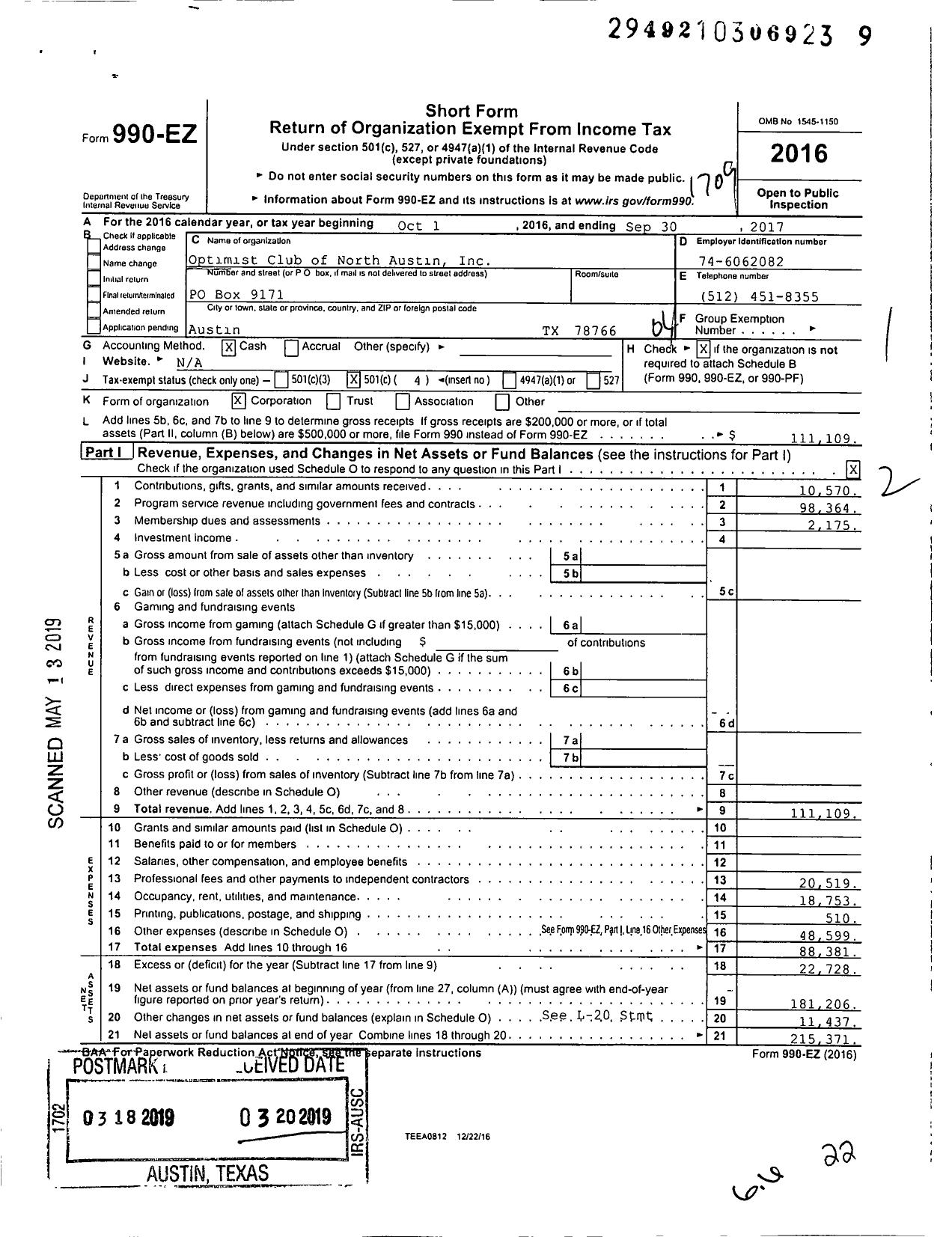 Image of first page of 2016 Form 990EO for Optimist Club of North Austin