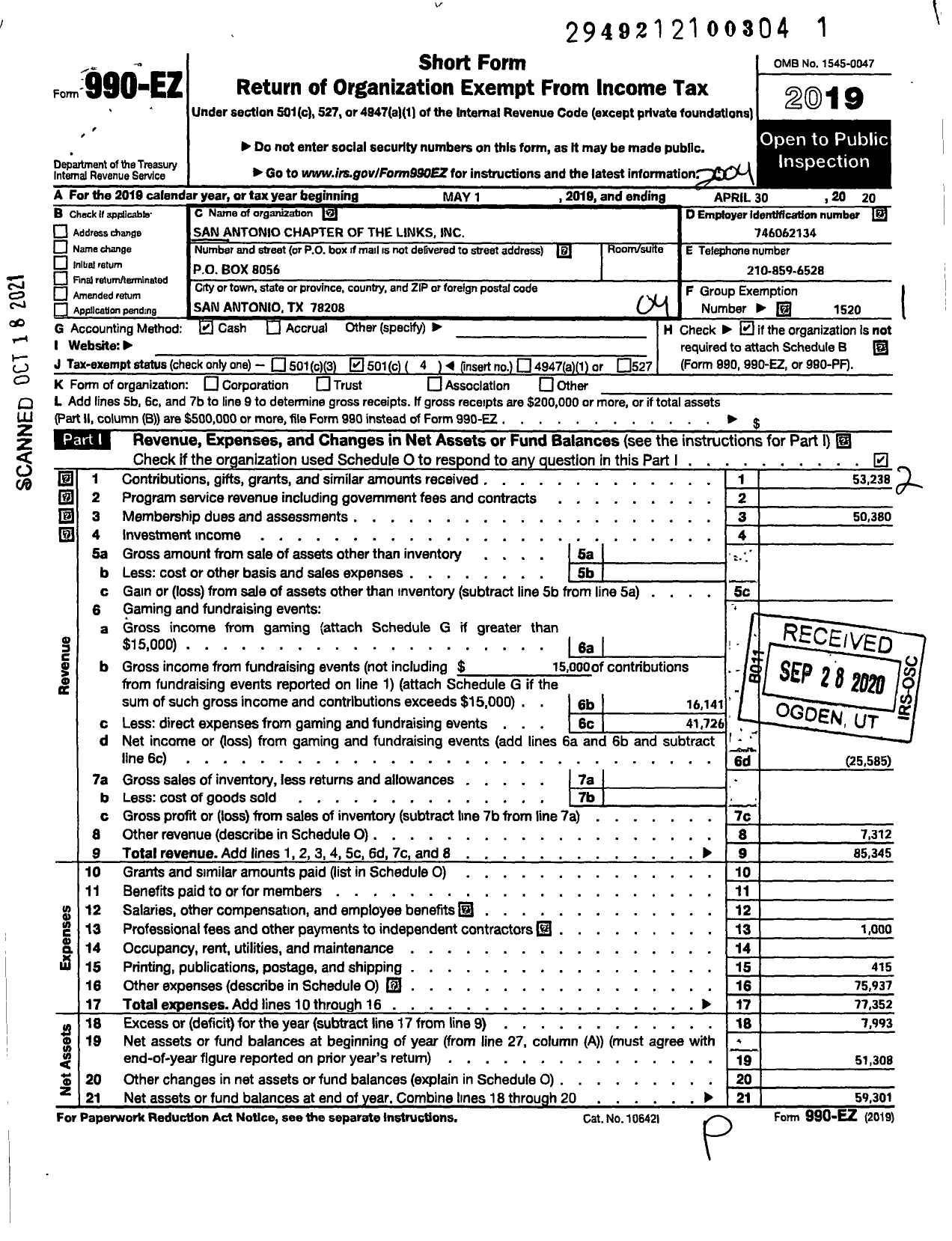 Image of first page of 2019 Form 990EO for San Antonio Chapter of The Links