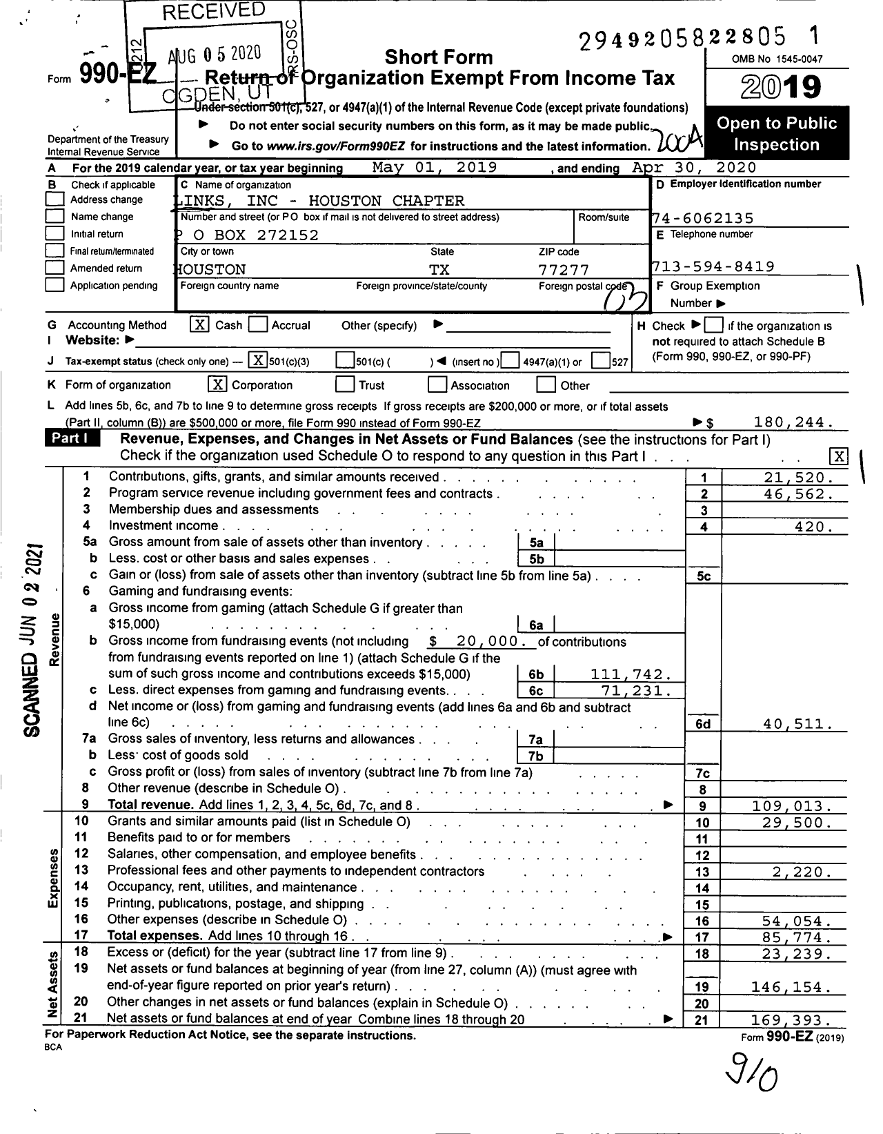 Image of first page of 2019 Form 990EZ for Houston White Rose Foundation Incorporated