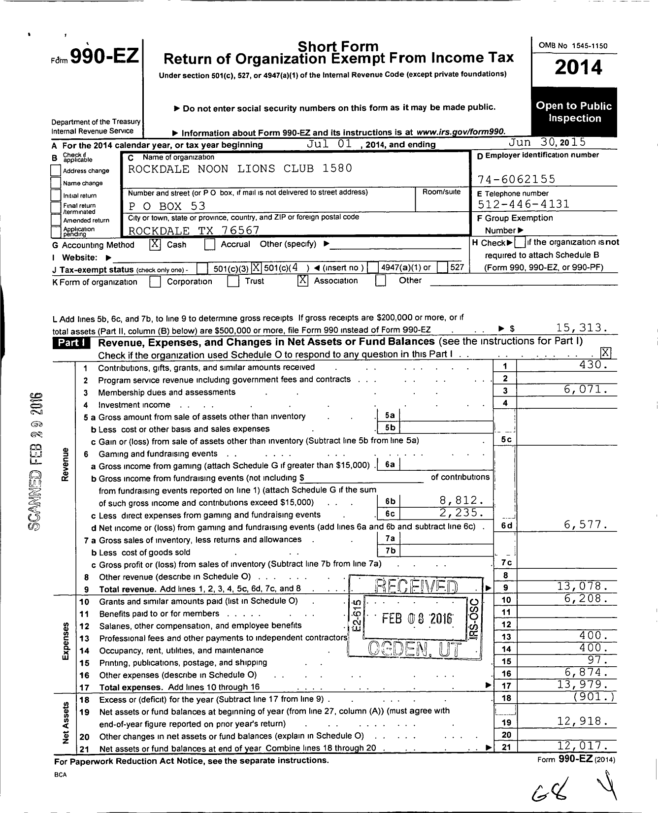 Image of first page of 2014 Form 990EO for Lions Clubs - 1580 Rockdale Noon