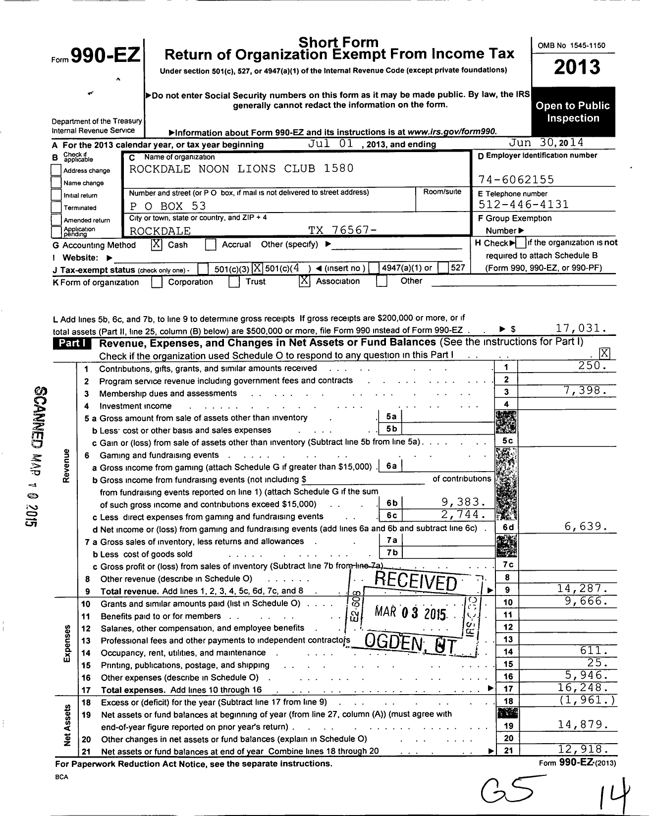 Image of first page of 2013 Form 990EO for Lions Clubs - 1580 Rockdale Noon