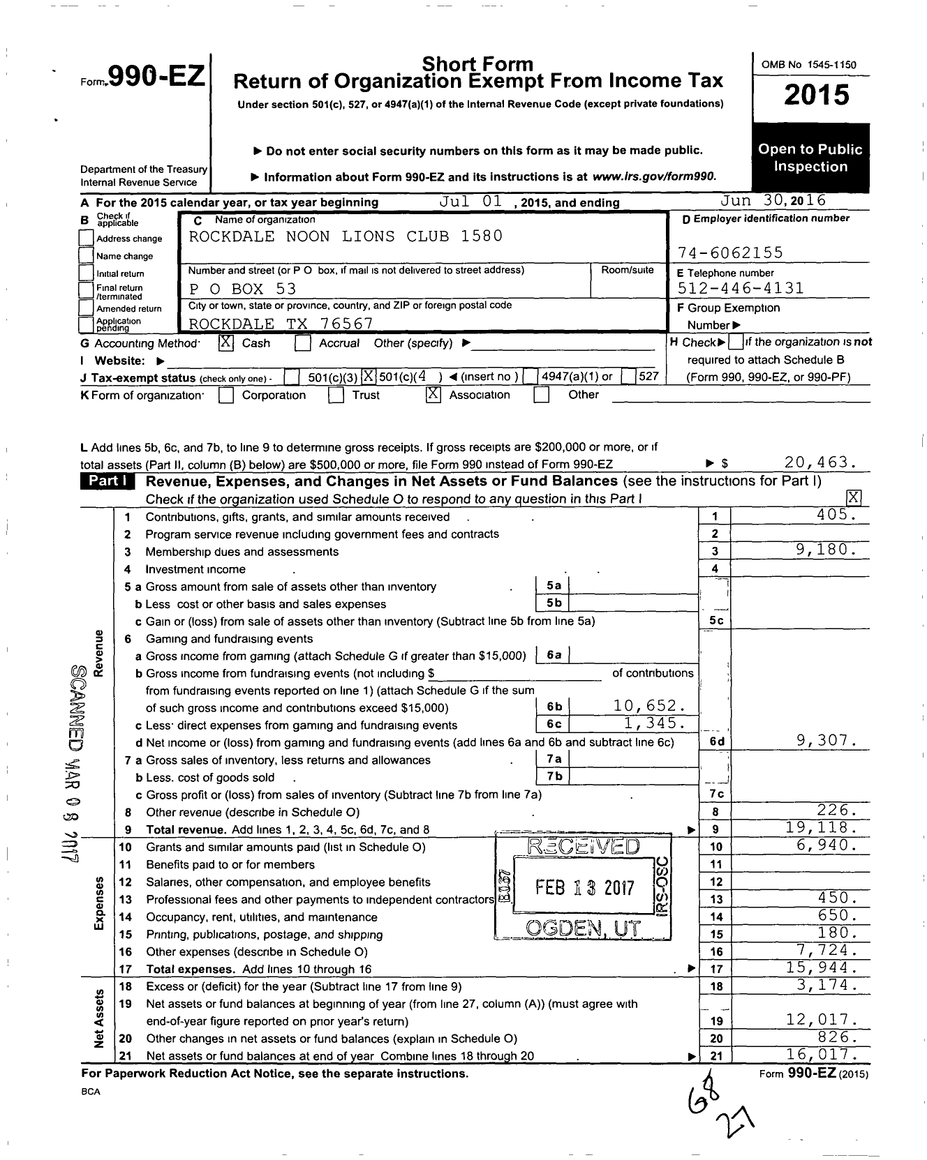 Image of first page of 2015 Form 990EO for Lions Clubs - 1580 Rockdale Noon