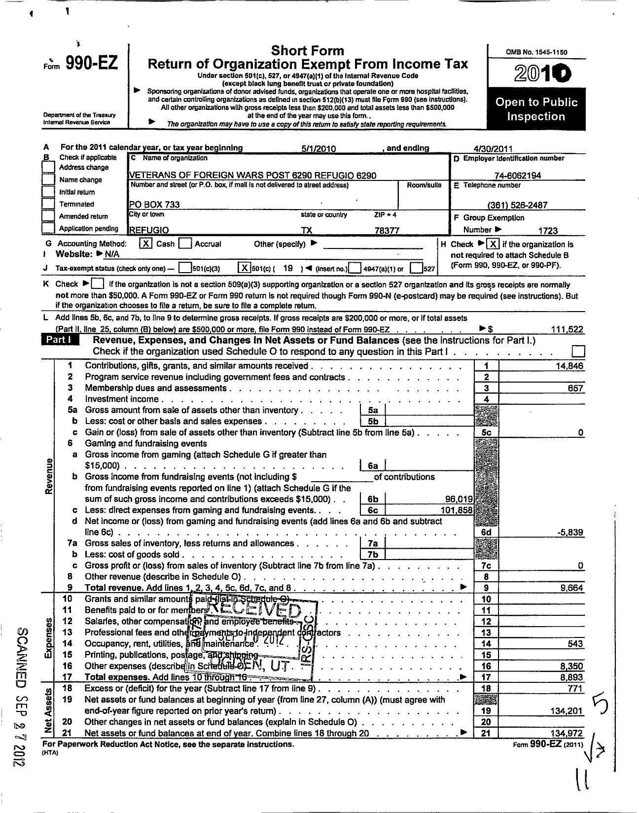 Image of first page of 2010 Form 990EO for Texas VFW - 6290 Refugio County