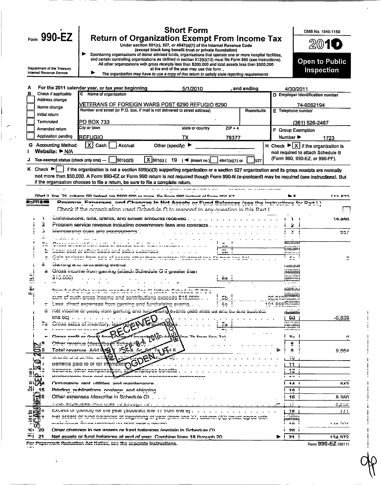 Image of first page of 2010 Form 990EO for Texas VFW - 6290 Refugio County