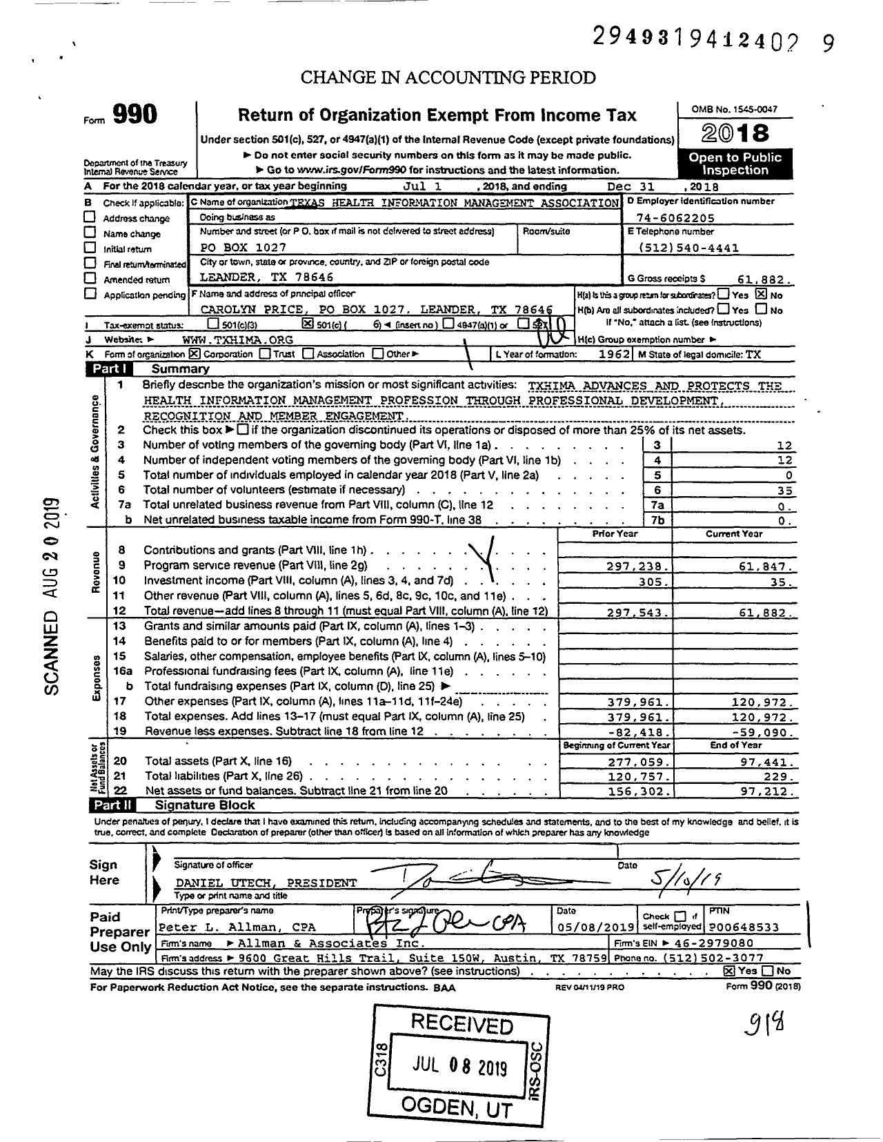 Image of first page of 2018 Form 990O for Texas Health Information Management Association