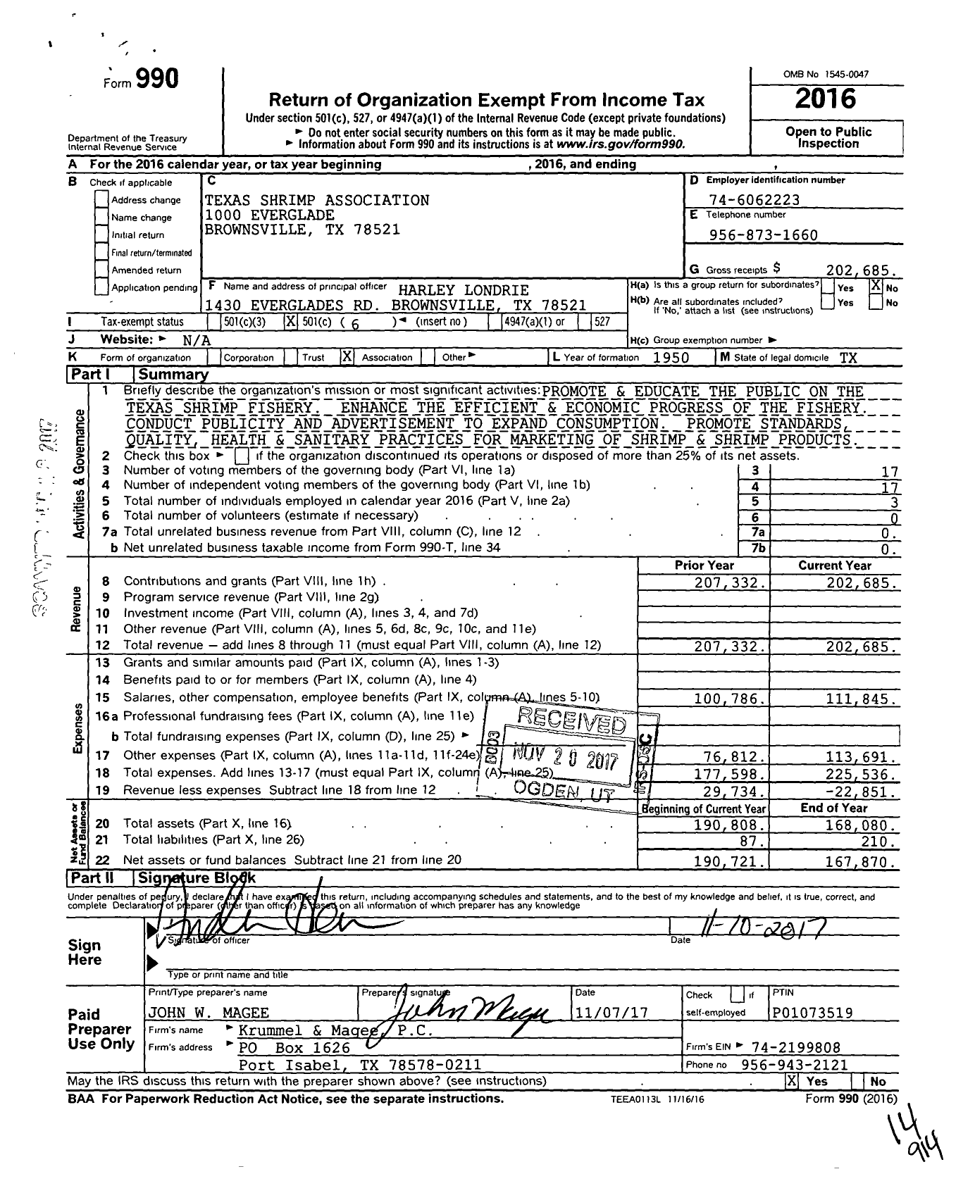 Image of first page of 2016 Form 990O for Texas Shrimp Association