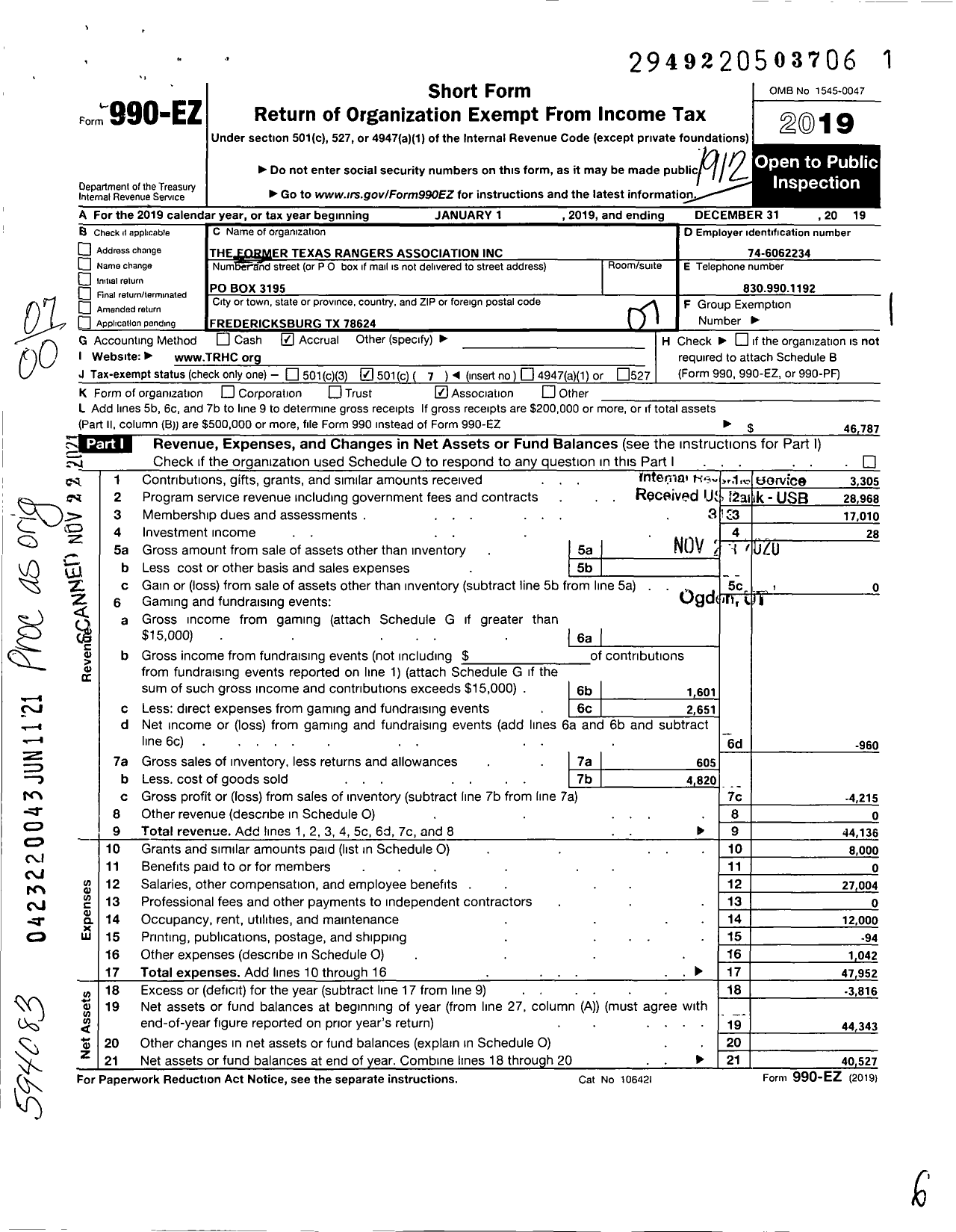 Image of first page of 2019 Form 990EO for Former Texas Rangers Association