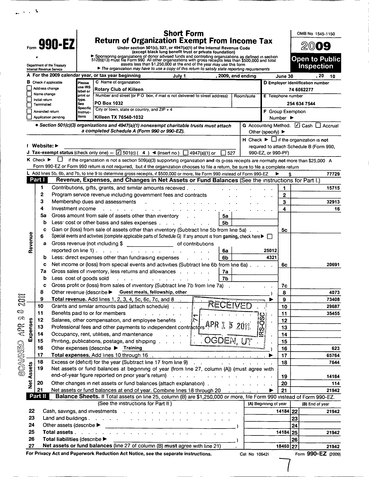 Image of first page of 2009 Form 990EO for Rotary International - Killeen Rotary Club