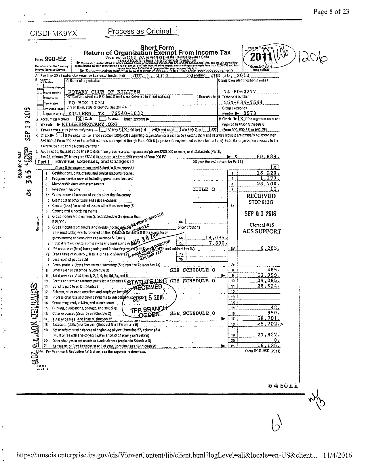 Image of first page of 2011 Form 990EO for Rotary International - Killeen Rotary Club