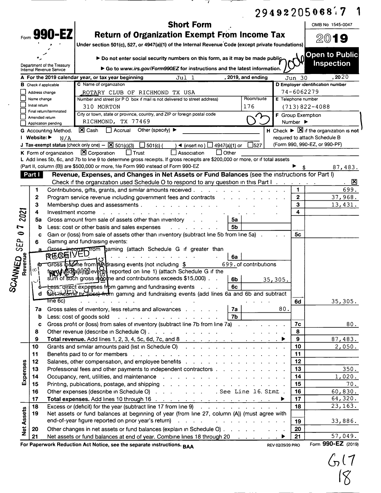 Image of first page of 2019 Form 990EZ for Rotary International - Richmond Rotary Club