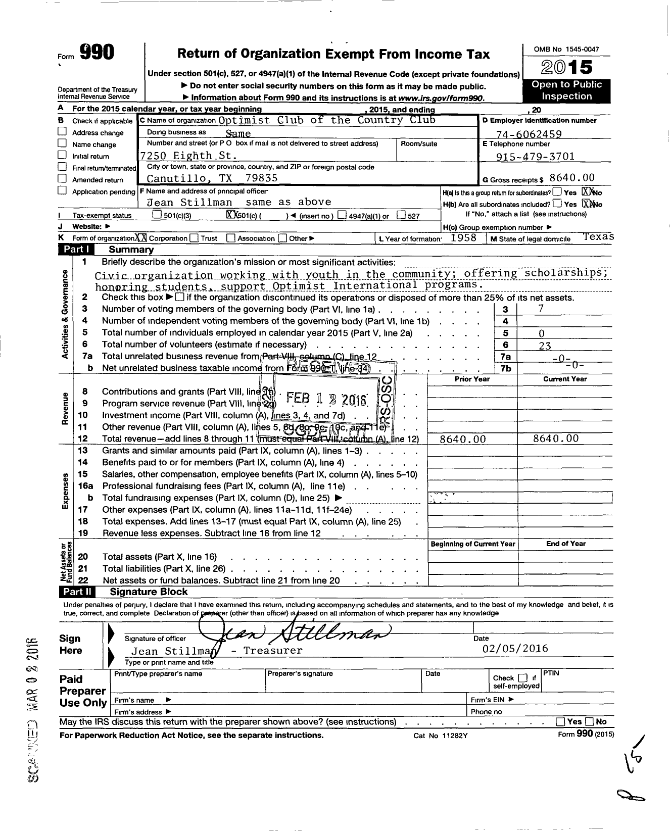 Image of first page of 2015 Form 990O for Optimist International