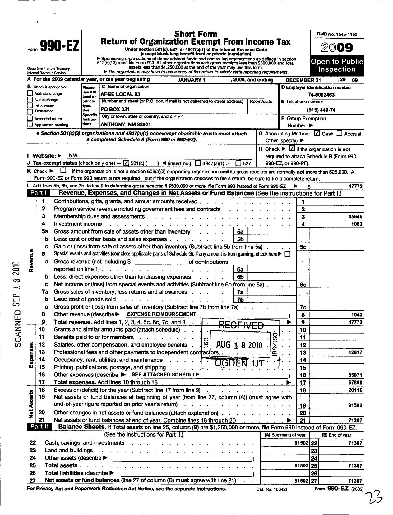 Image of first page of 2009 Form 990EO for American Federation of Government Employees - 0083 Local AFGE Bop