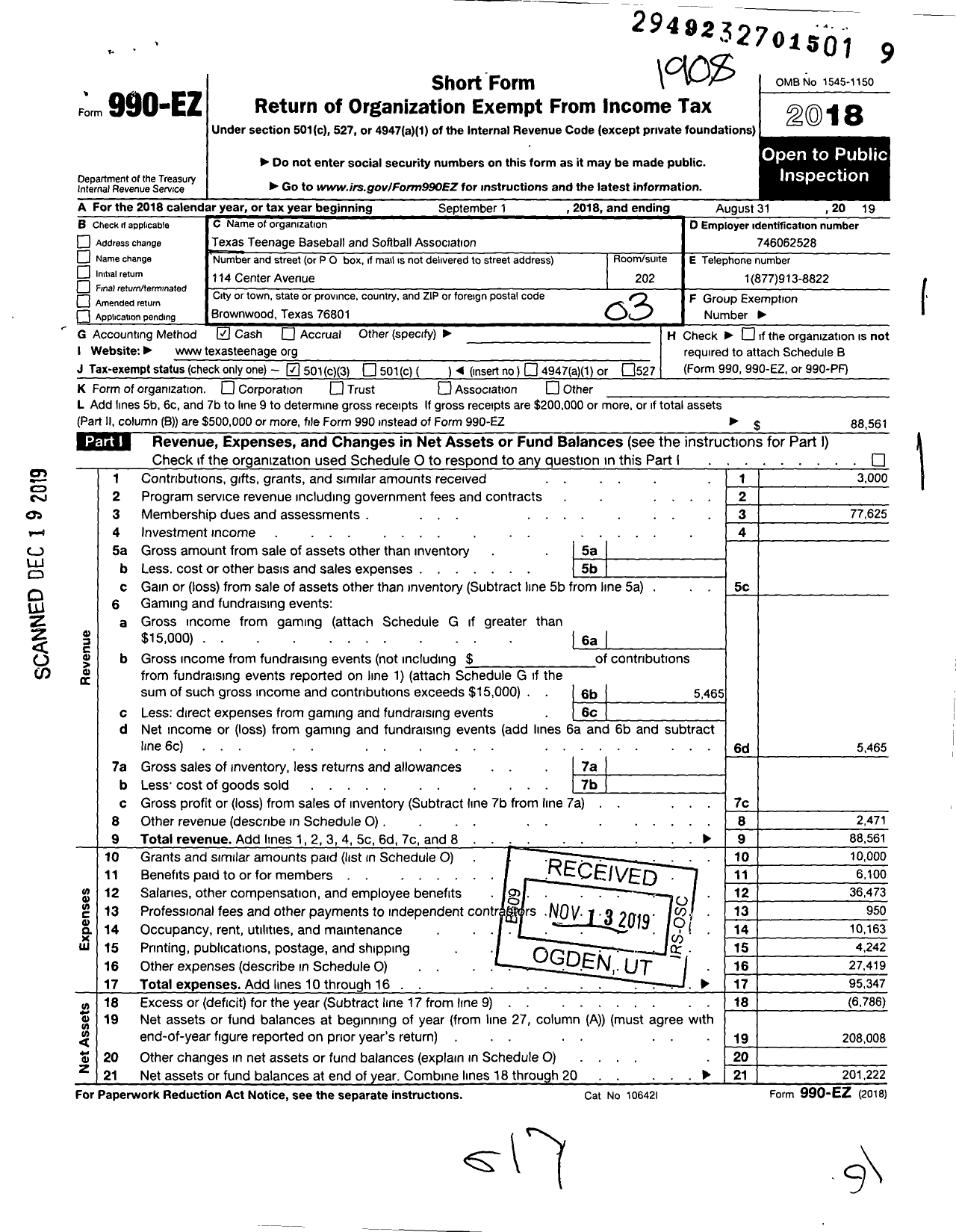 Image of first page of 2018 Form 990EZ for Texas Teenage Baseball and Softball Association